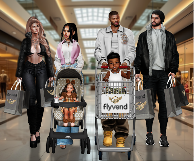 Flyvend campaign visual featuring shoppers with Flyvend bags